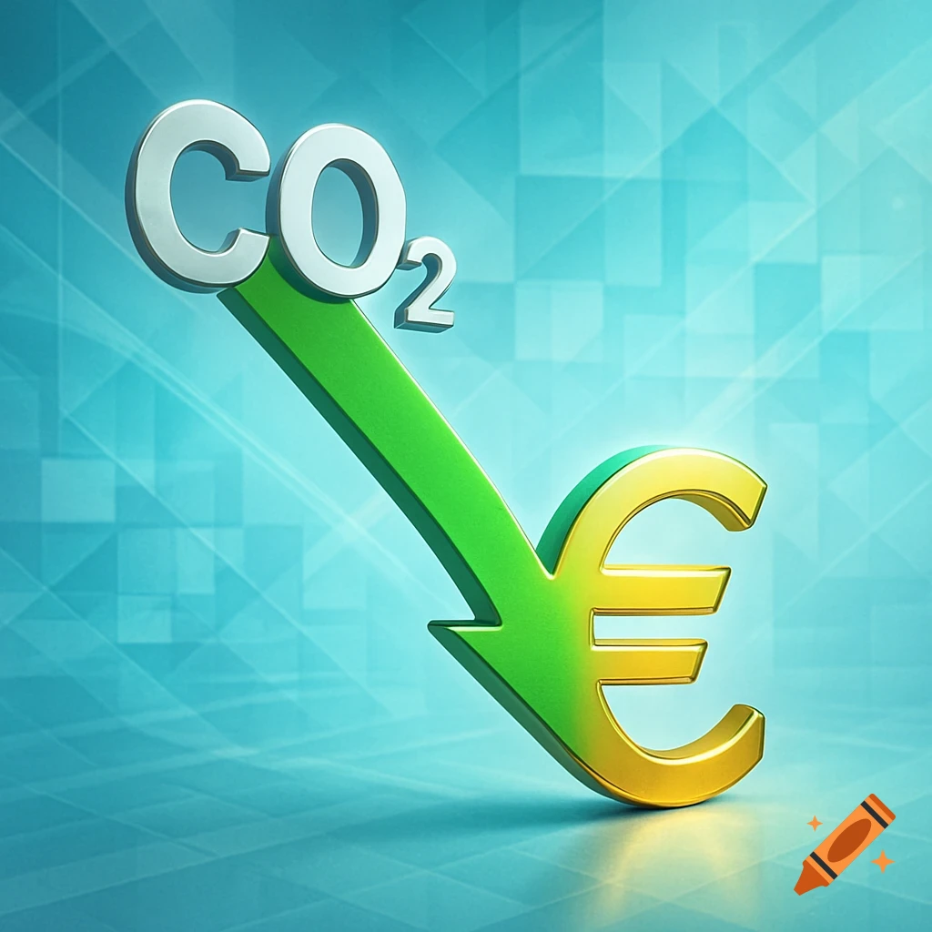 A 3D rendered image showing 'CO₂' connected by a downward green arrow to a gold Euro symbol, on a blue geometric background.