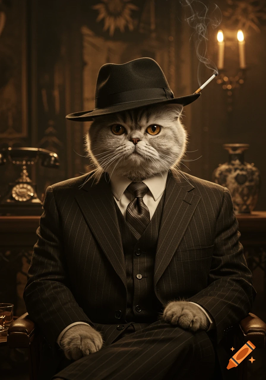 Photorealistic fluffy cat in pinstripe suit, fedora, and tie with cigarette, sitting confidently in a vintage room.