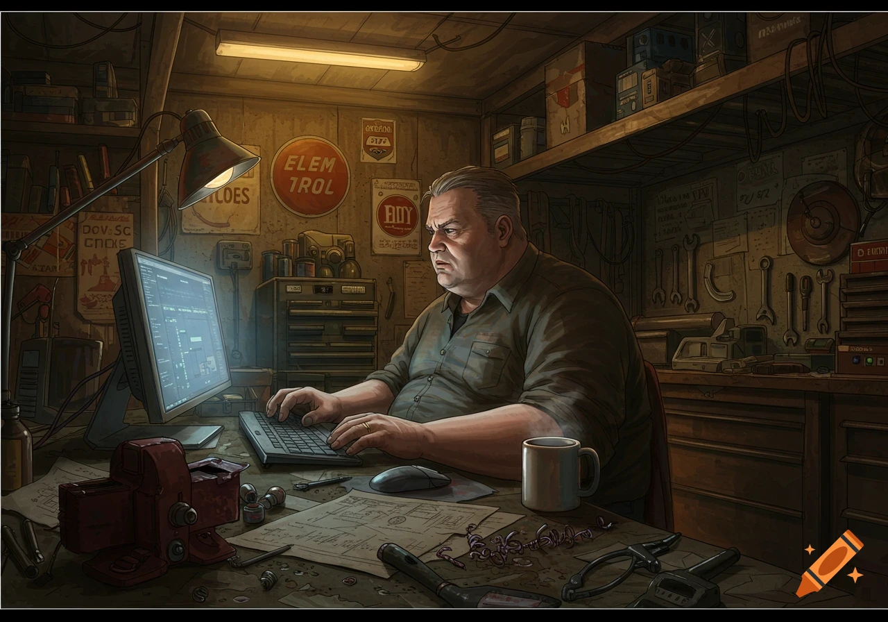 An overweight, middle-aged man works intently on a computer in a cluttered, dimly lit garage workshop, with tools and signs on the walls.