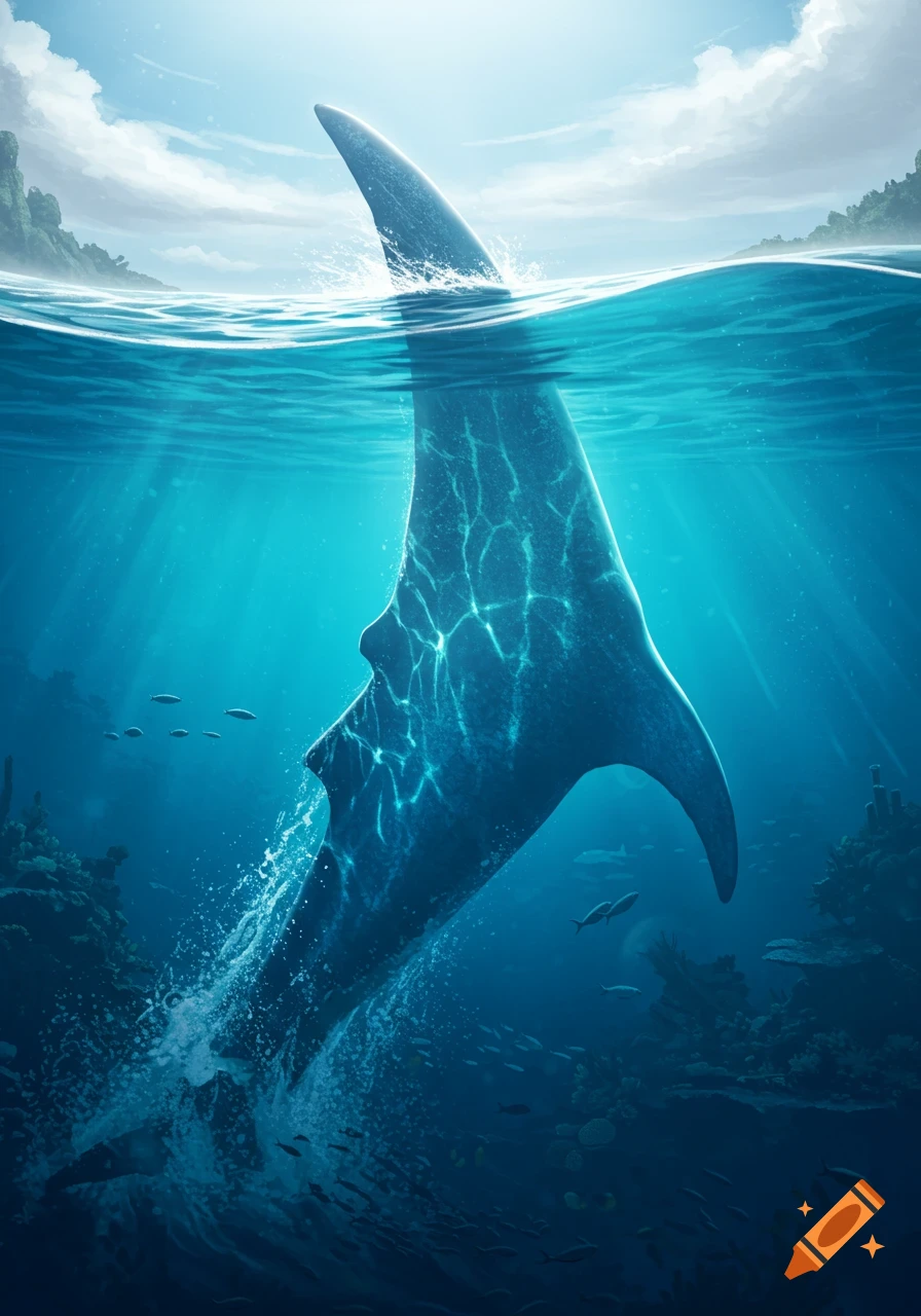 A giant manta ray-like creature with a large dorsal fin breaches the turquoise ocean surface, with underwater light rays illuminating coral and fish.