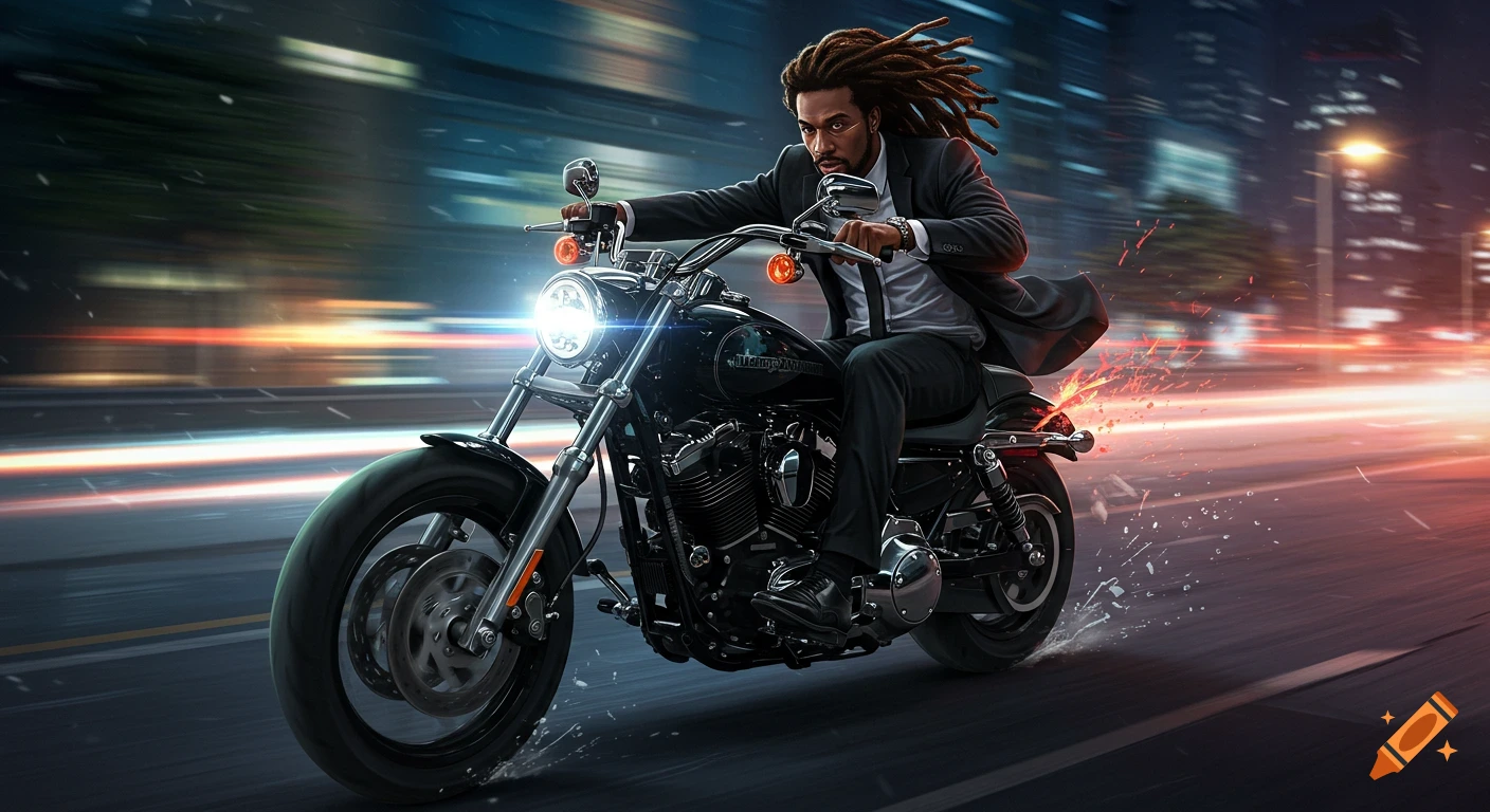 A man with dreadlocks in a suit rides a black motorcycle at night through a busy city, blurred lights in the background, cinematic style.