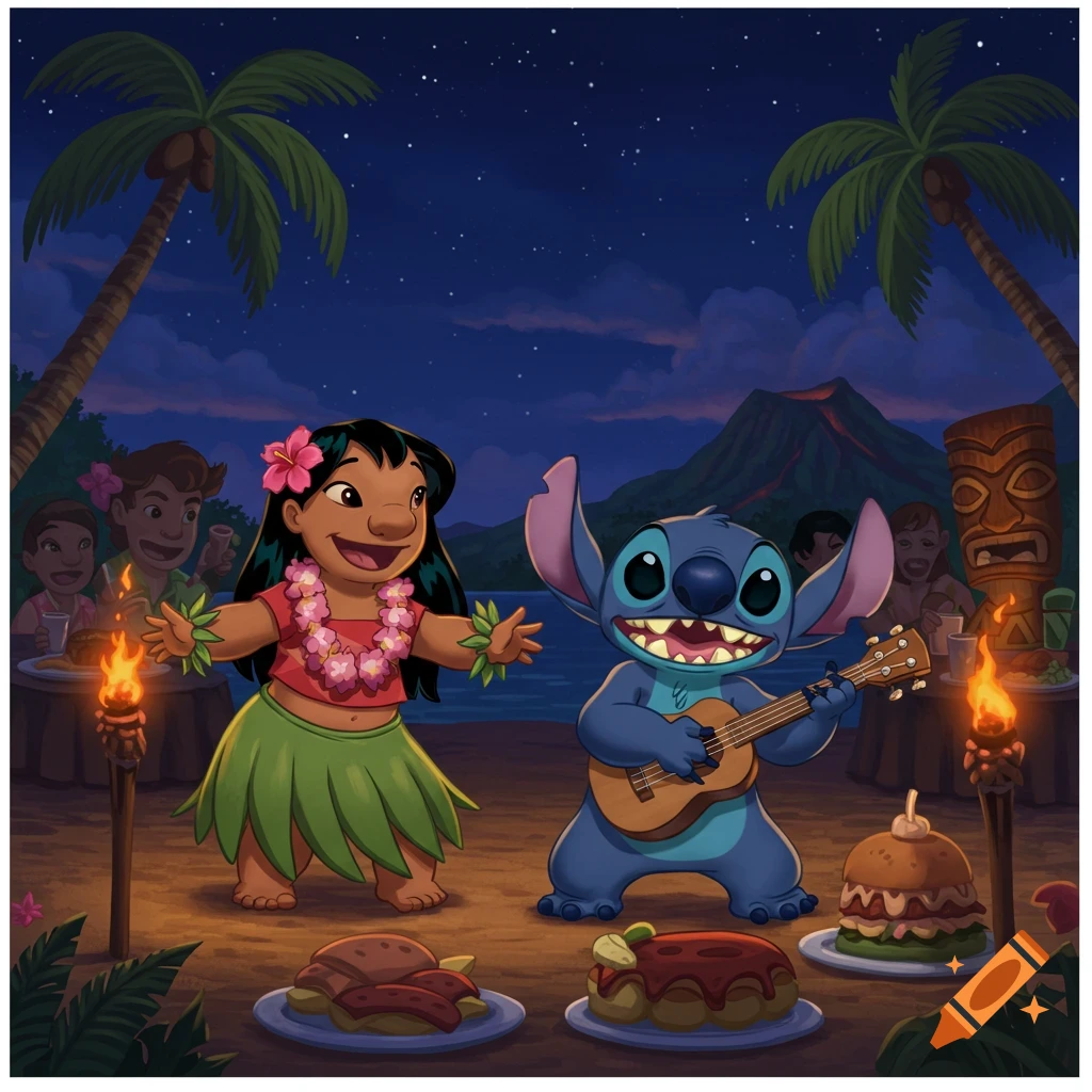 Lilo dances as Stitch plays ukulele at a nighttime luau, with food, palm trees, and a volcano under a starry sky.