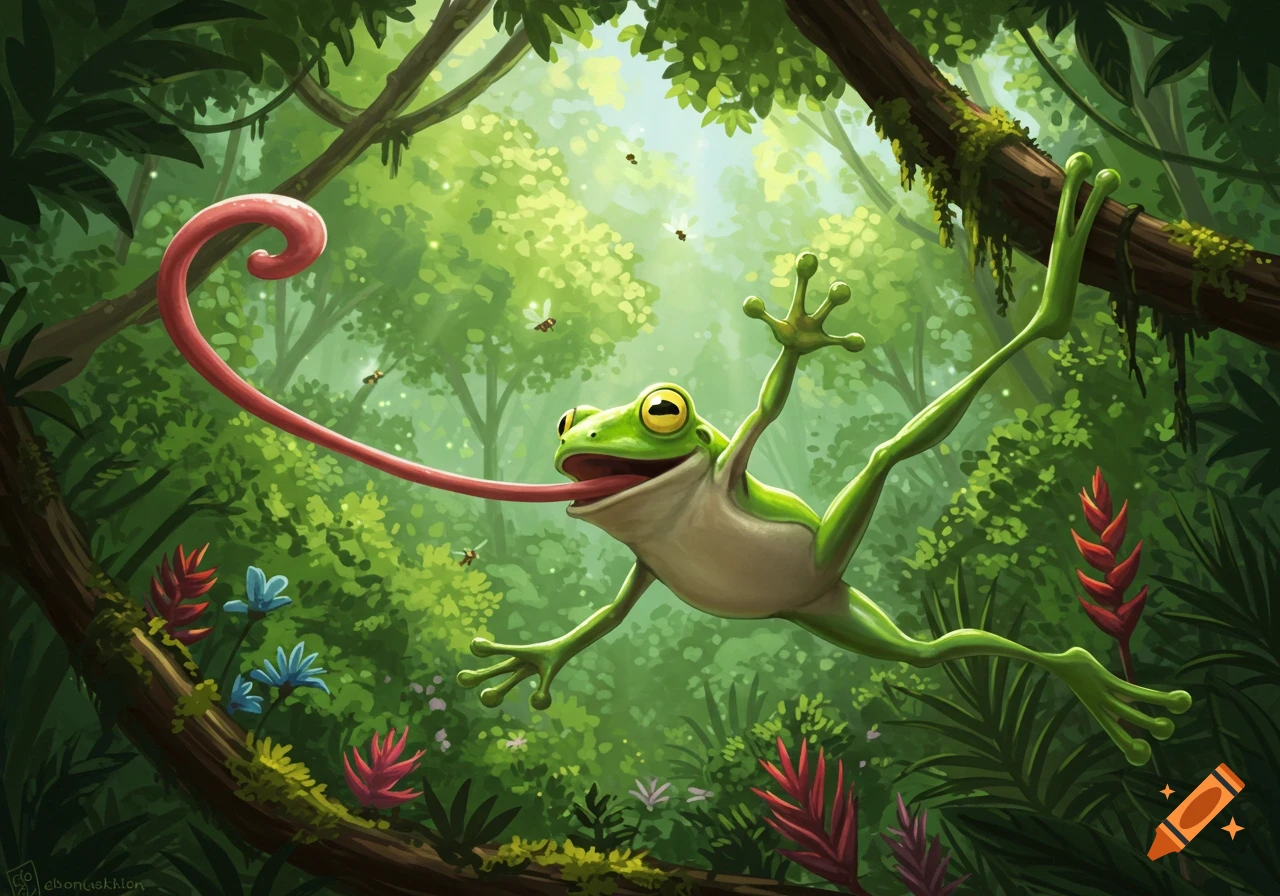 A vibrant cartoon illustration of a happy green frog with a very long tongue leaping through a lush jungle with bees.