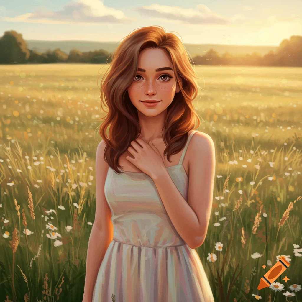 An illustrated portrait of a young woman with brown hair and freckles, wearing a light dress, standing in a sunlit wildflower field.