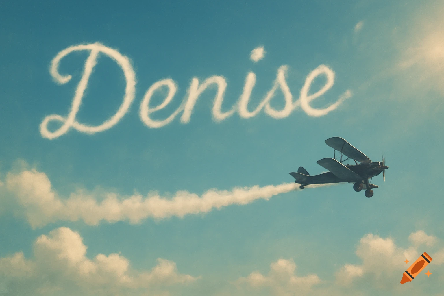 A biplane skywriting the name 'Denise' in white cloud trails against a blue sky with soft clouds and sun.