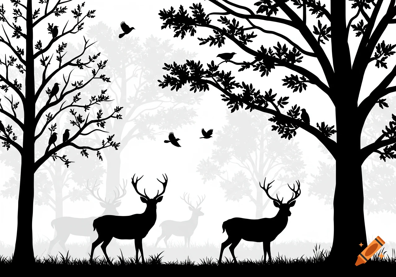 Black silhouette forest scene with deer, birds, and trees against a white background, in clipart style.