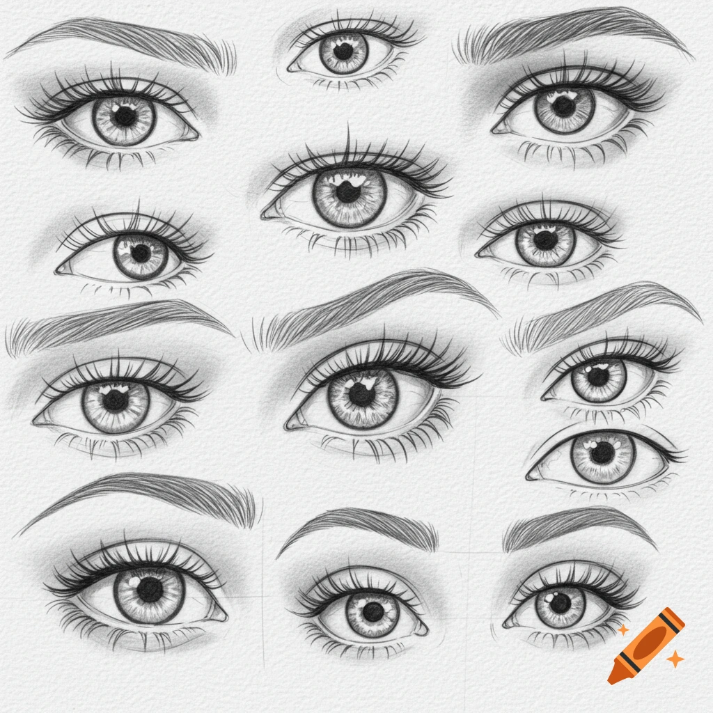 Pencil line art featuring multiple detailed human eyes with varying styles, lashes, and brows on a white background.