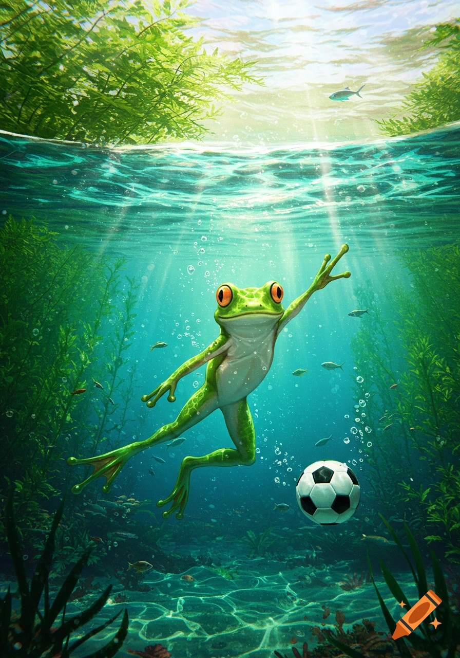 Vibrant illustration of a green frog swimming underwater, reaching for a soccer ball amidst light rays, plants, and small fish.