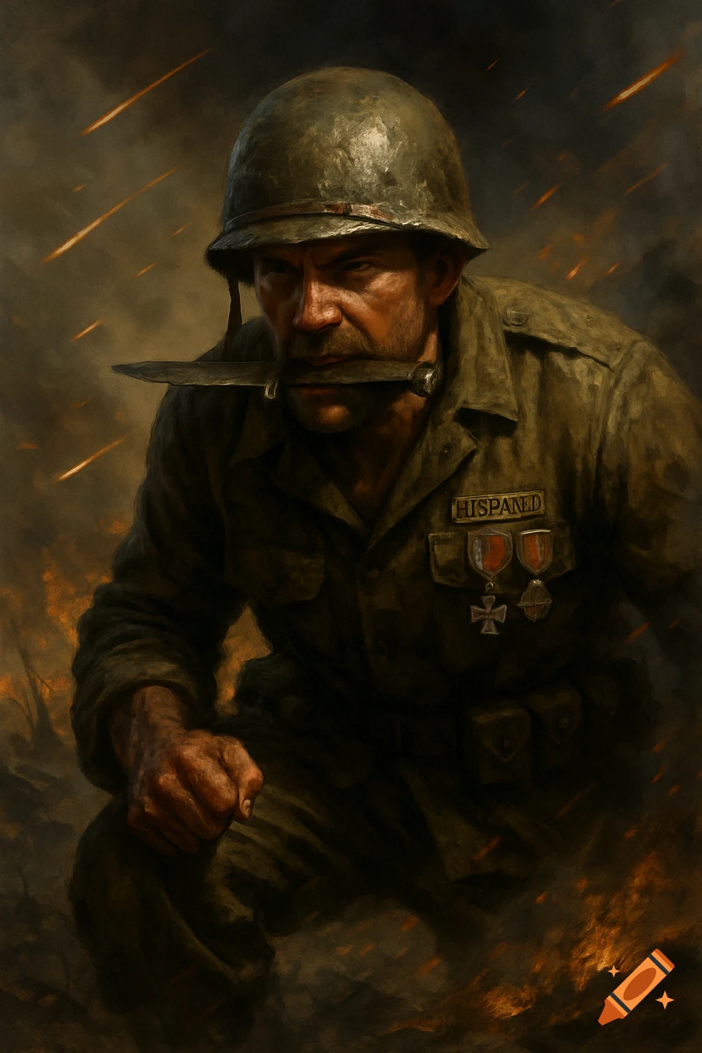 A grim WWII soldier with a knife in his mouth, crouching amidst a smoky, fiery battlefield, in a realistic painting style.