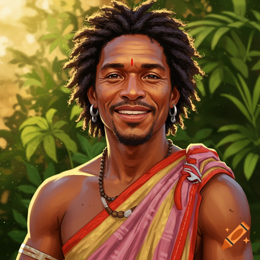 Digital painting of a smiling man with dreadlocks, wearing a colorful draped garment and beads, against a leafy backdrop.