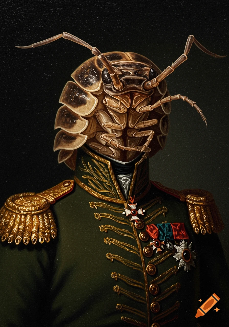 Oil painting portrait of a woodlouse head wearing a detailed classic military officer's uniform with gold embroidery and medals.