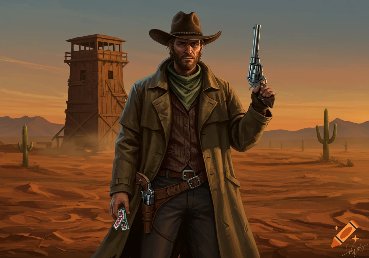 A digital illustration of a cowboy in a duster coat holding a revolver, standing in a desert with a firewatch tower.