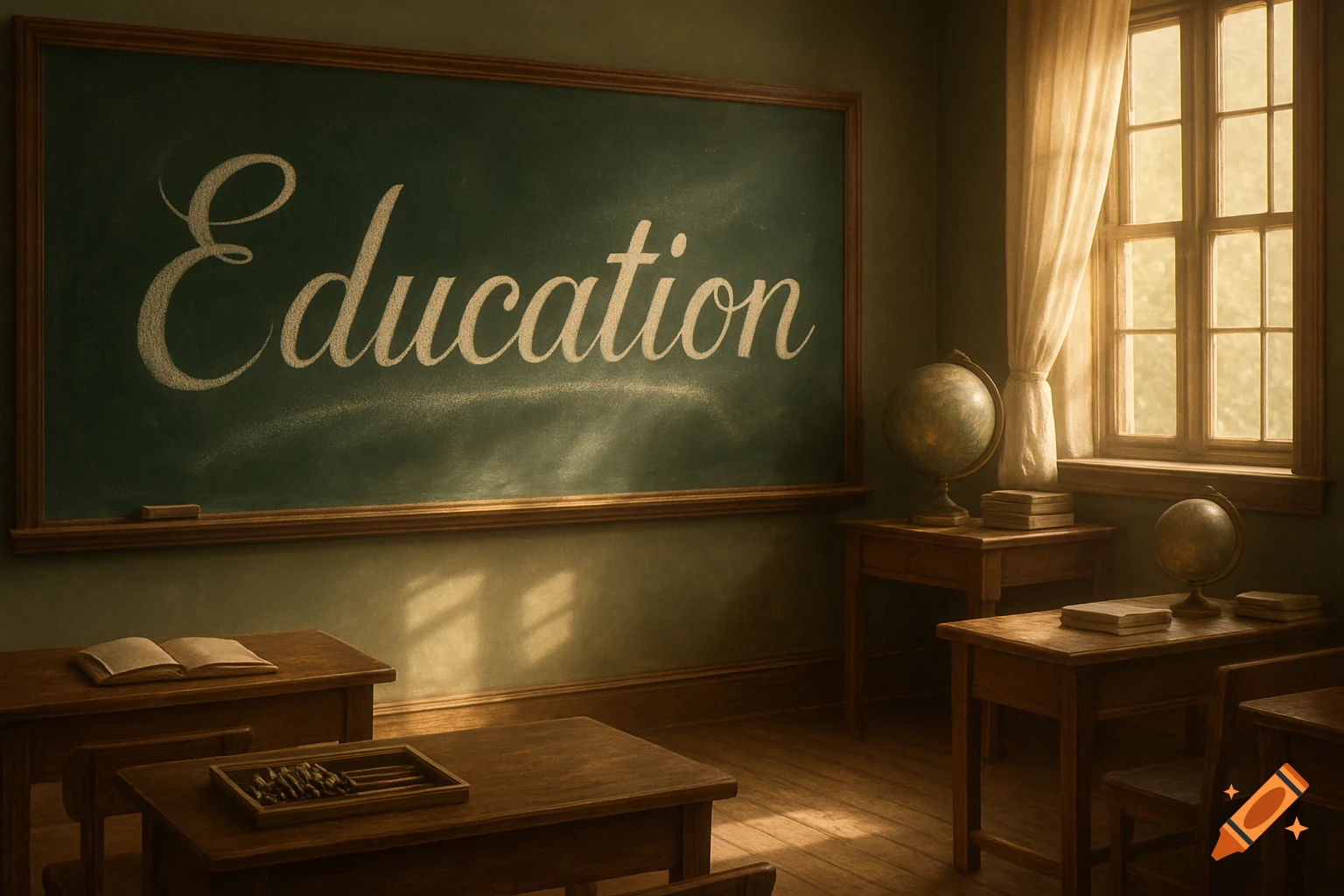 A vintage classroom with 'Education' written in chalk on a large green blackboard, illuminated by sunlight from a window.