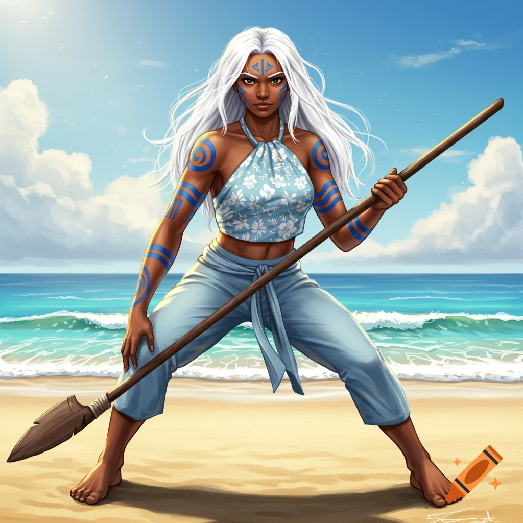 An illustration of an island tribal woman with white hair and blue tattoos, holding a fishing spear on a sandy beach.