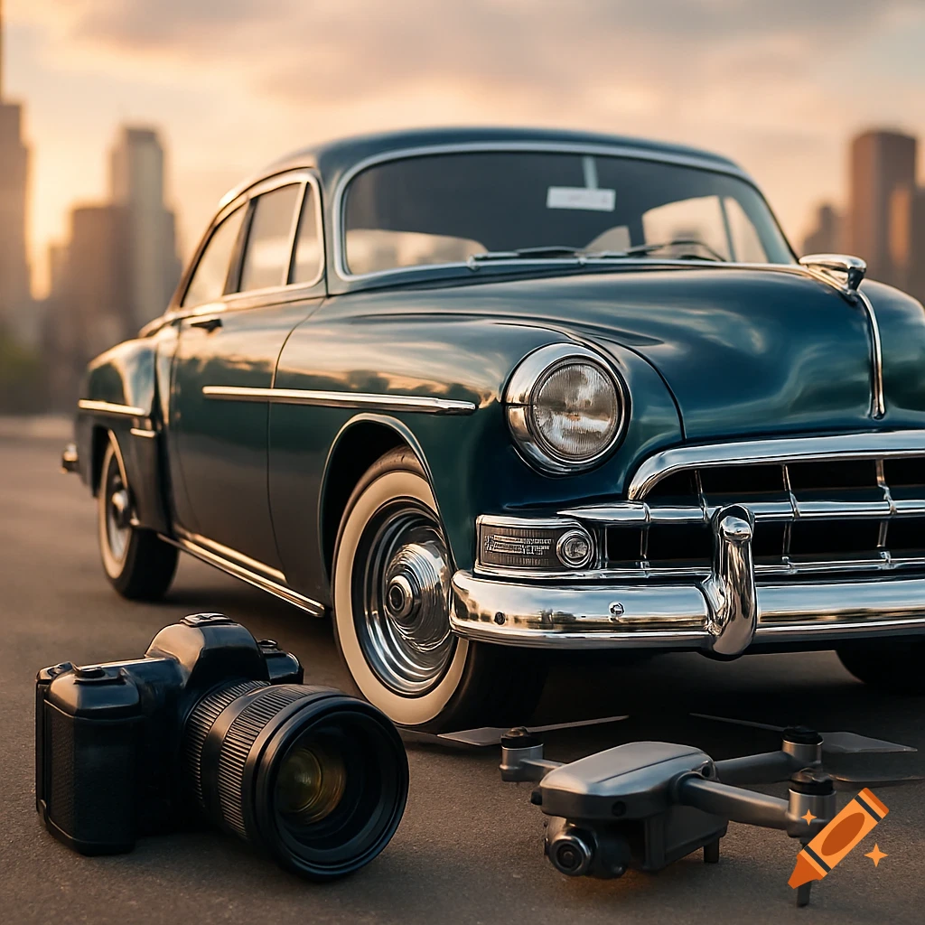 A vintage teal car parked with a DSLR camera and drone on the ground, blurred city skyline in background.