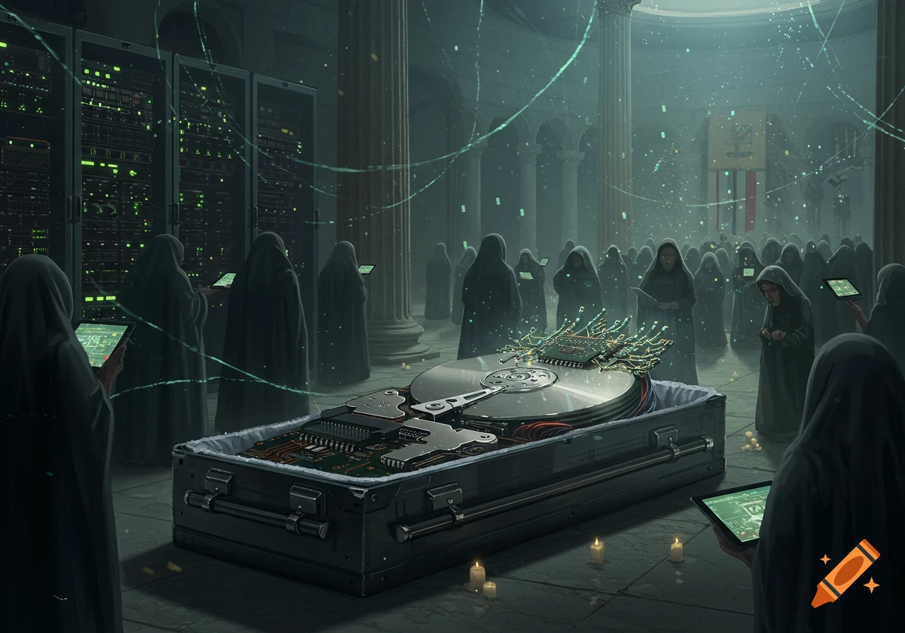 Robed figures mourn a giant hard drive in a coffin, surrounded by glowing server racks and data streams in a misty, temple-like hall.