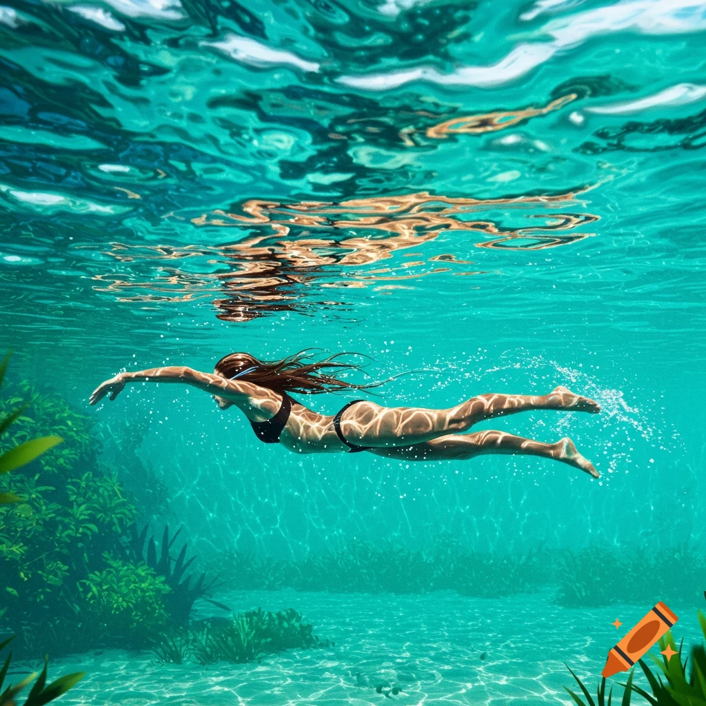 A woman in a black bikini swims gracefully underwater in clear blue-green tropical water with sunlight reflecting.