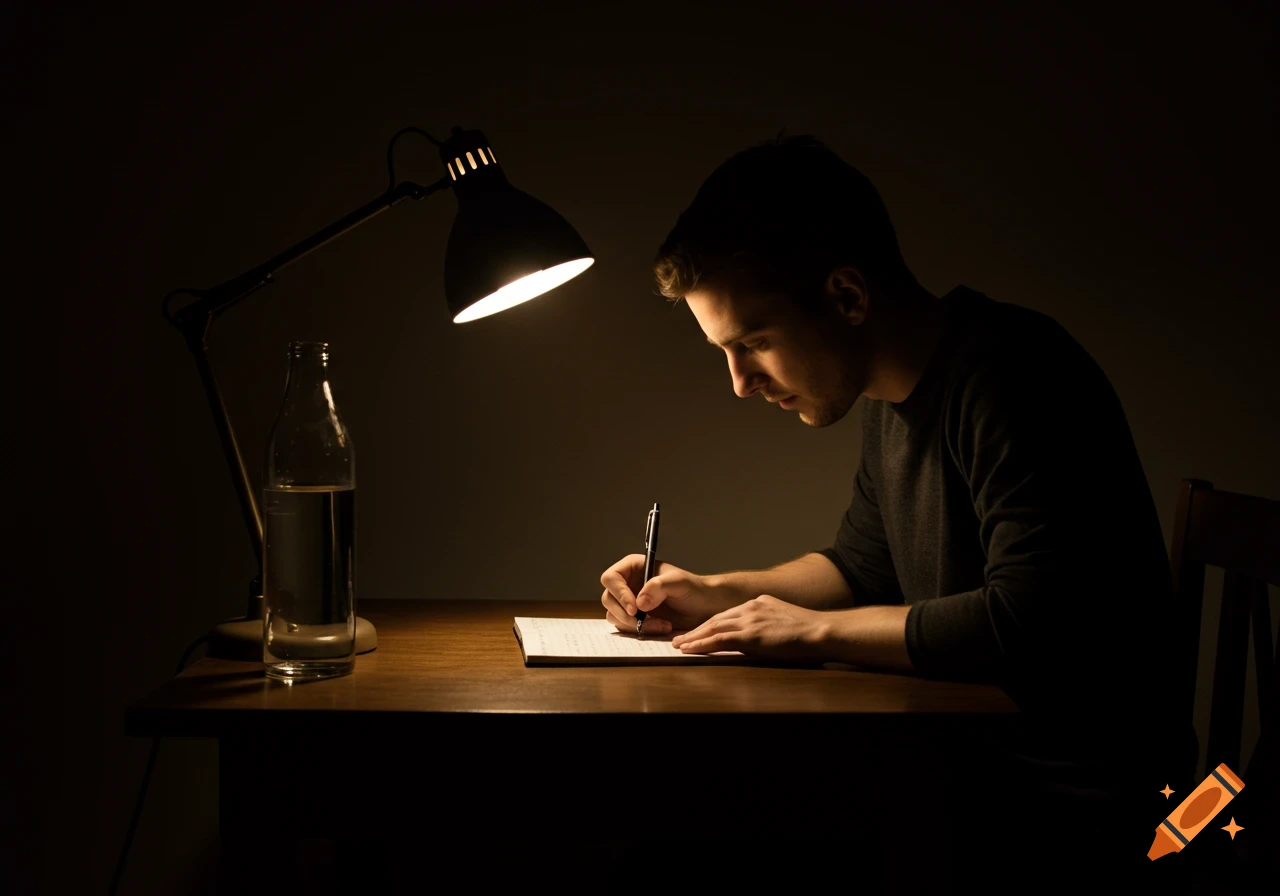 A man writes in a notebook at a wooden desk, illuminated by a desk lamp, with a water bottle nearby.