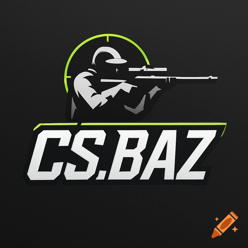 A modern gaming logo with a white silhouette of a soldier aiming a sniper rifle inside a neon green crosshair, above the text 'CS.BAZ' on a black background.