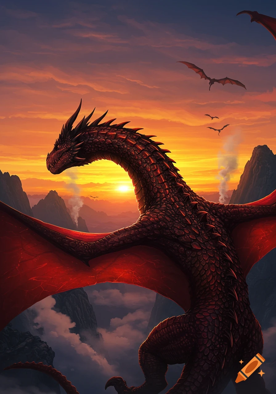 A majestic red dragon with large wings flies over a mountain range during a vibrant orange and yellow sunset.