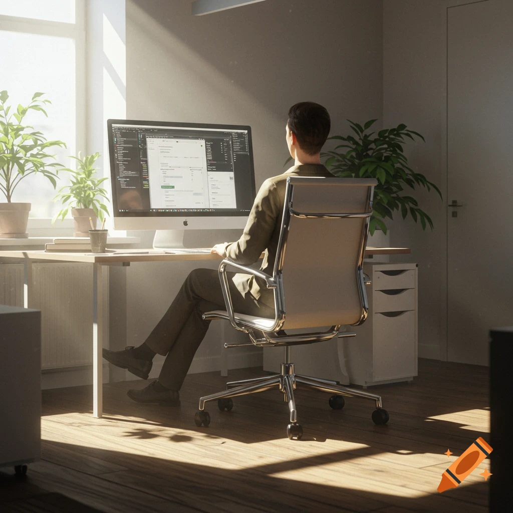 A person from behind sits at a modern office desk, looking at a computer screen, illuminated by natural light from a window.