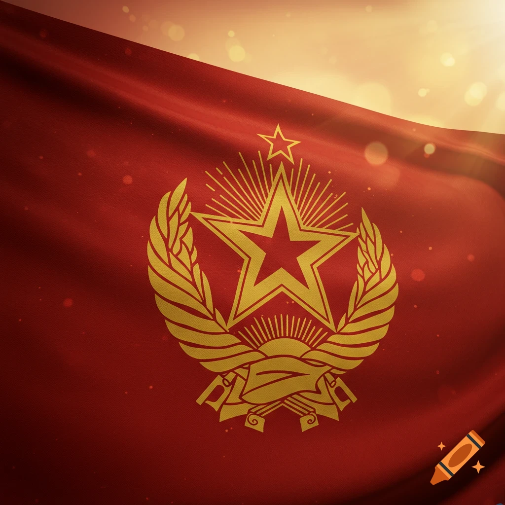 A red flag with a golden symbol featuring a large star, radiating lines, and a wreath, waving with sunlight in the background.