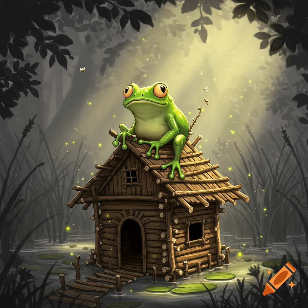 A large, cartoonish green frog sits atop a rustic wooden hut in a misty, firefly-lit swamp.