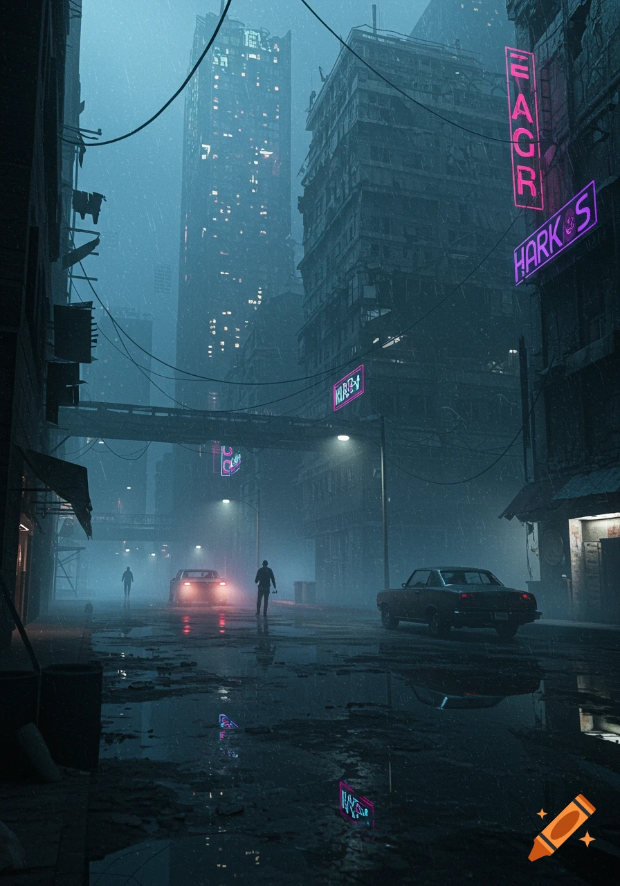 Dystopian city street at night in heavy rain, with neon signs, silhouetted figures, and cars reflecting off wet puddles.