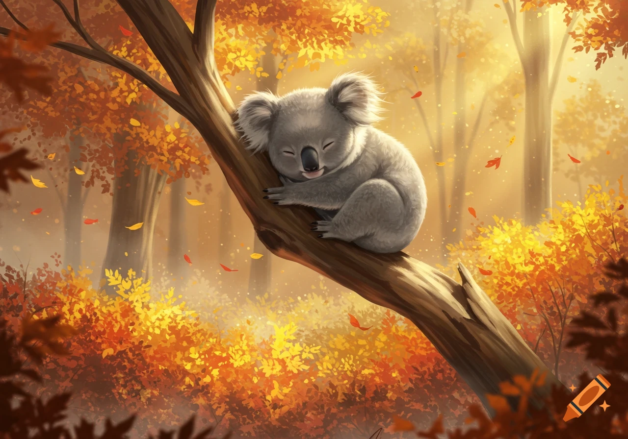 A cute, fluffy koala sleeps peacefully on a tree branch amidst vibrant orange and yellow autumn foliage in an illustrative style.