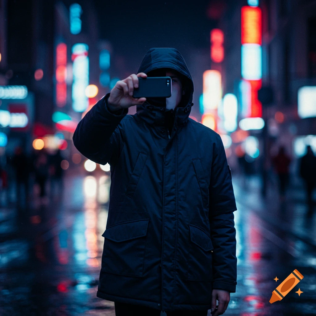 A man in a dark hooded parka holds a phone to hide his face in a dimly lit city street with blurred neon lights.