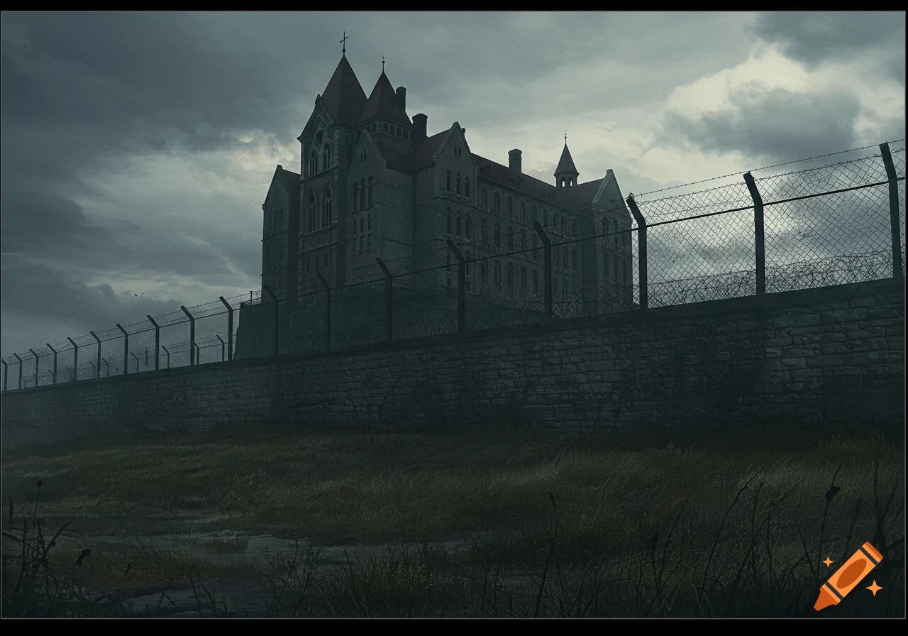 A gloomy gothic psychiatric ward building behind a tall stone wall and barbed wire fence under a stormy sky.