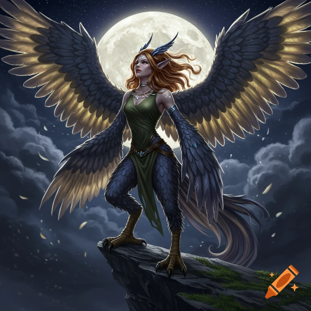A female harpy with large feathered wings and bird-like limbs stands on a cliff under a full moon, a starry night sky behind her.