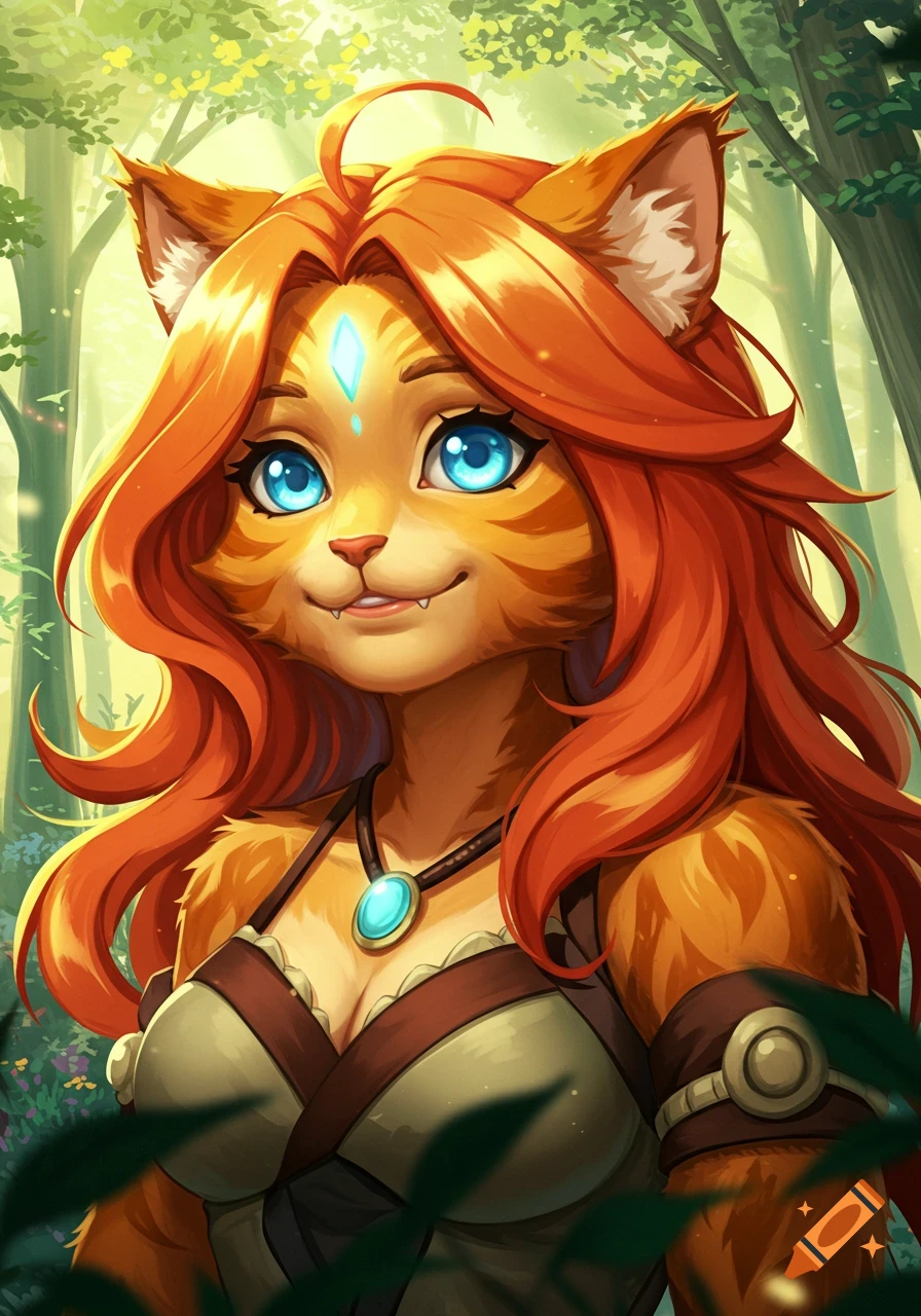 An orange cat girl with long red hair and blue eyes, wearing a brown top and gem necklace, in a vibrant forest, anime style.