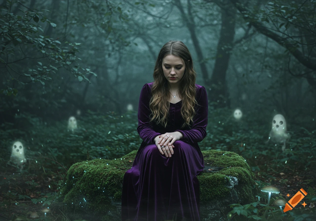A young woman in a long violet velvet dress sits in a dark, misty forest, looking down at her hands with several glowing, simple ghosts floating around her.