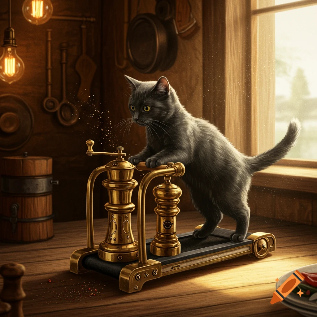 A photorealistic image of a grey house cat standing on a brass pepper grinder treadmill, grinding pepper in a rustic kitchen.