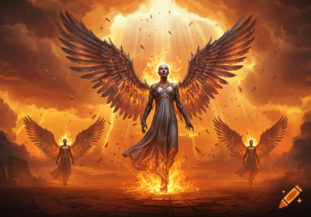 Three imposing winged figures stand amidst swirling fire in an epic, orange-hued fantasy landscape under a radiant sky.
