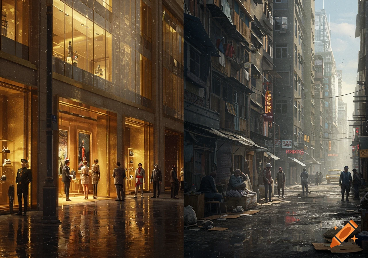 Photorealistic split image contrasting a golden, luxurious shopping street with a gritty, crowded slum street.