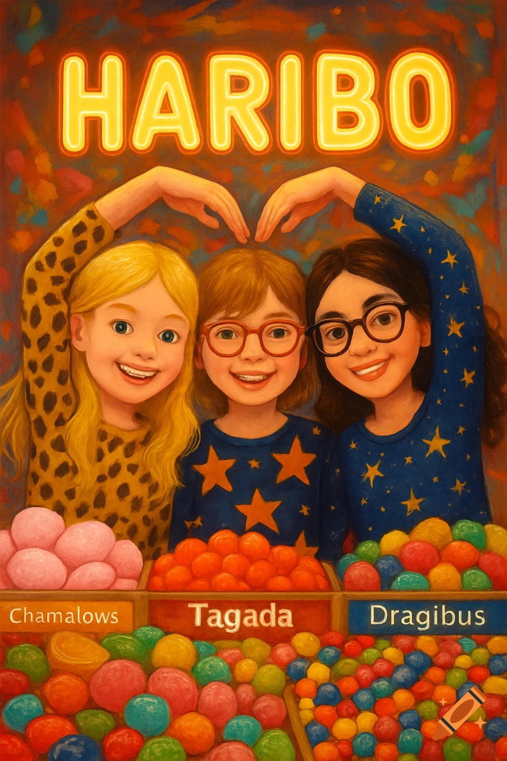 Three smiling girls making a heart shape with their hands above their heads, standing in front of candy boxes with the Haribo logo. Illustrated style.