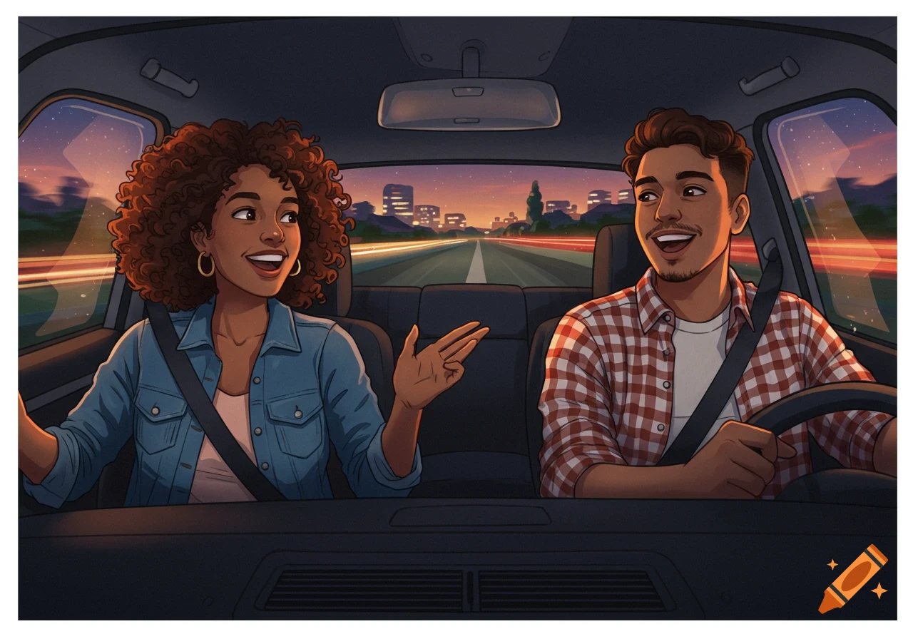 Illustrated man and woman smiling in a car at night, driving on a highway with city lights.
