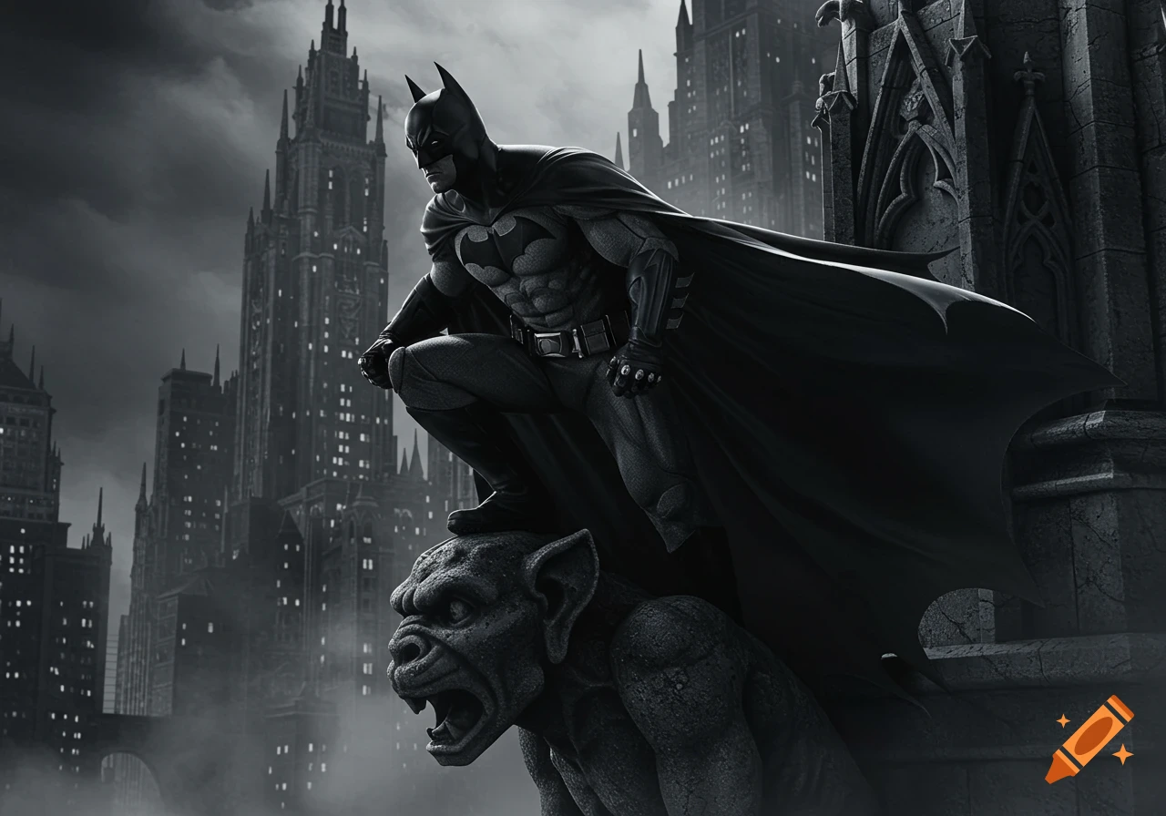 Batman crouches on a gothic gargoyle overlooking a dark, monochromatic city.