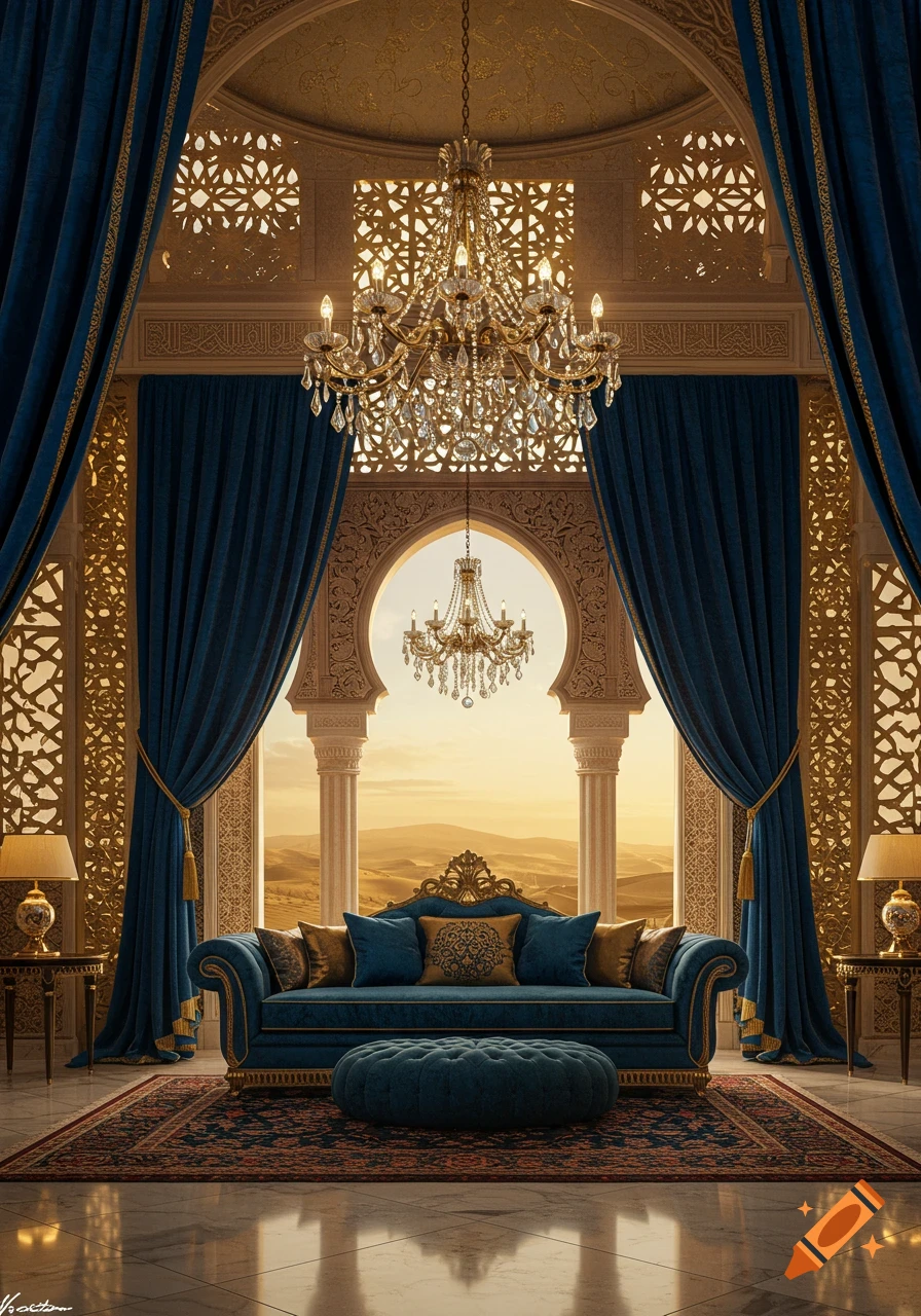 Luxurious blue and gold room with ornate chandeliers and a desert view from an arched window.