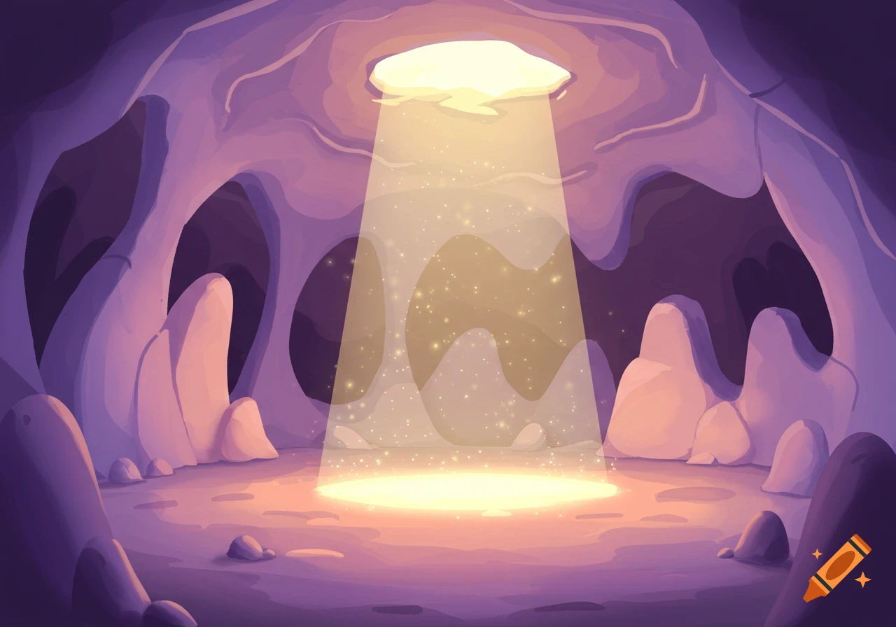 A cartoon cave with a hole in the ceiling, a beam of light shines down, illuminating the floor and sparkling with particles.