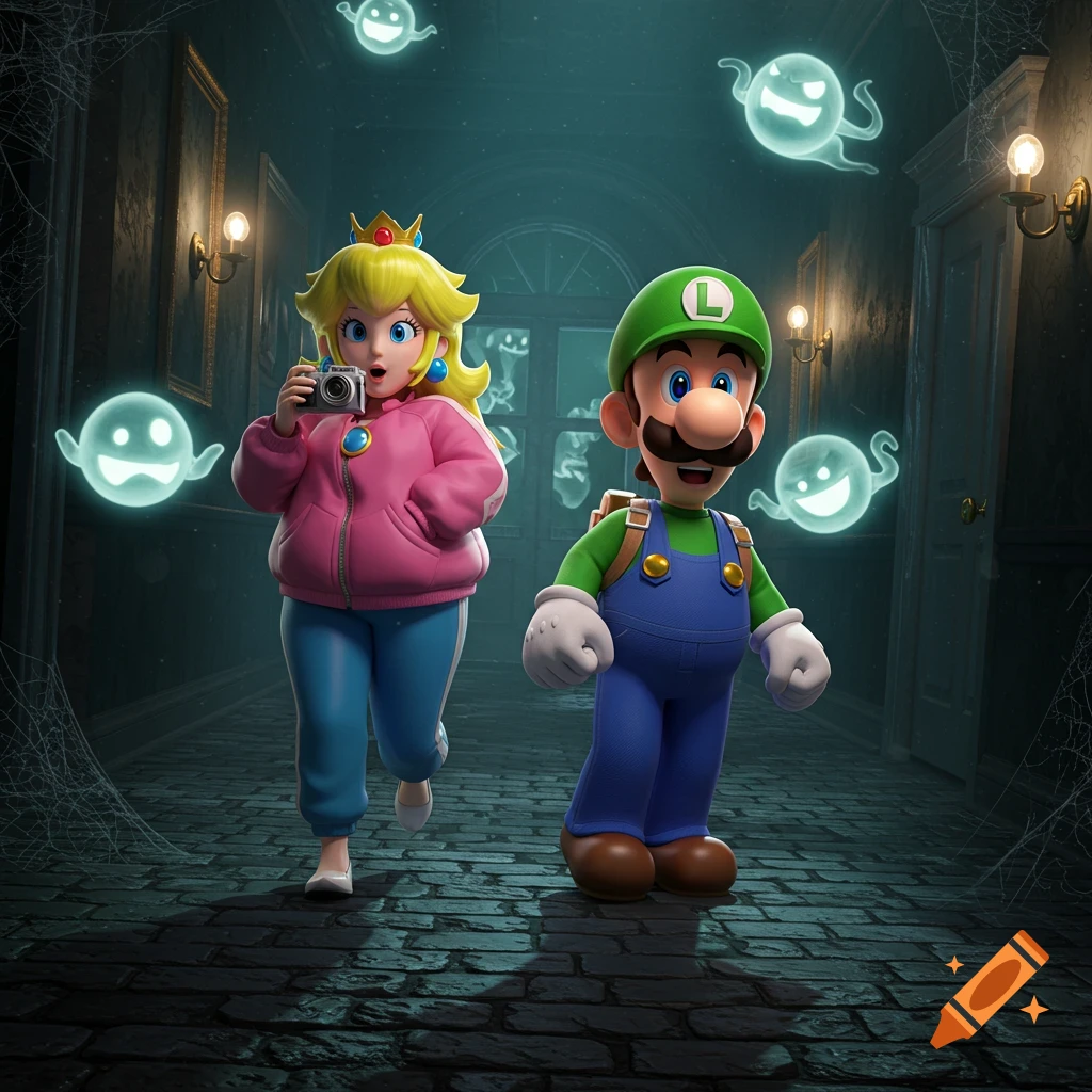 Luigi and Princess Peach in a haunted mansion with glowing ghosts. Peach holds a camera, Luigi looks forward.