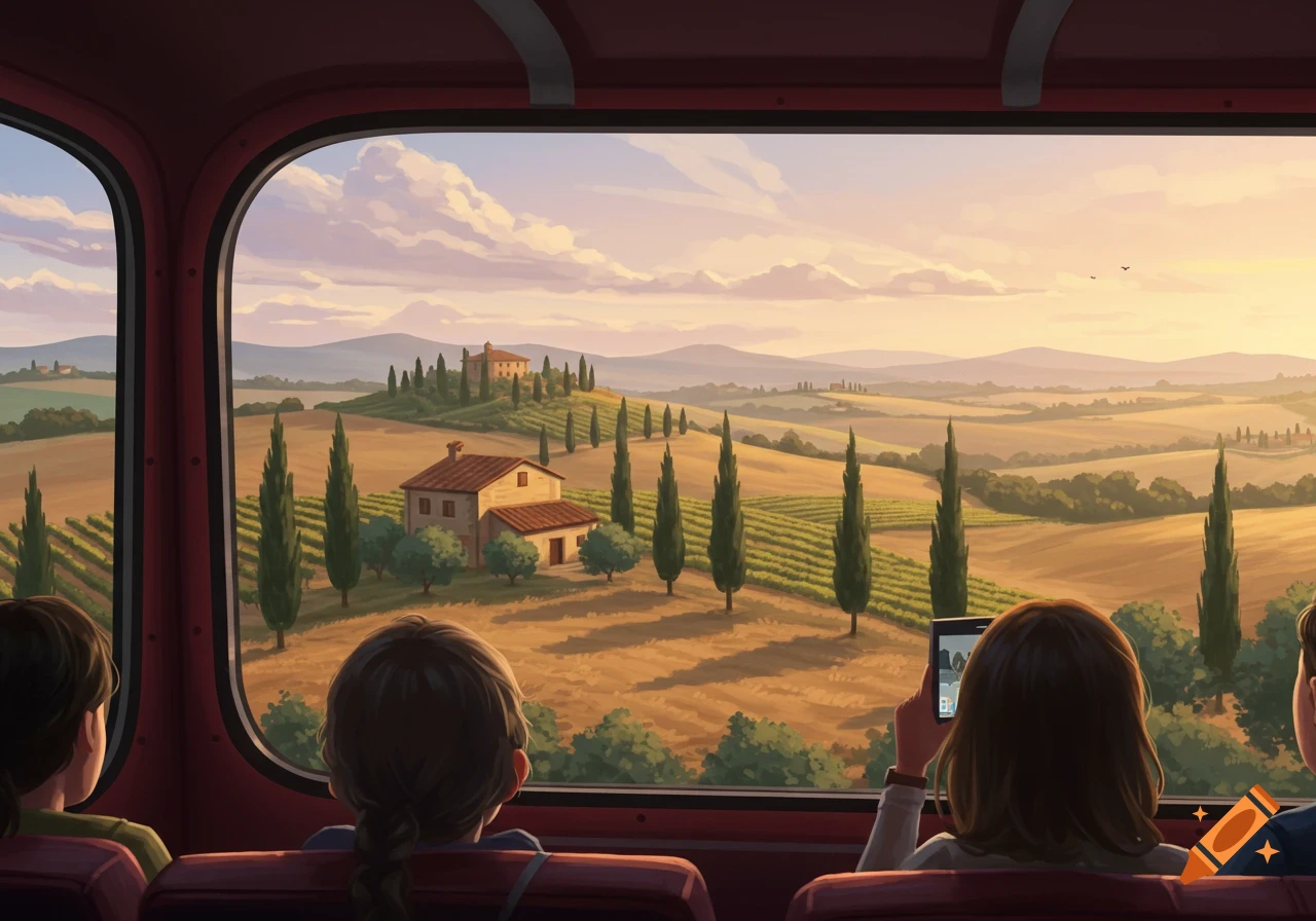 Passengers look out a bus window at a picturesque Tuscan-style landscape with vineyards and cypress trees at sunset. Stylized illustration.