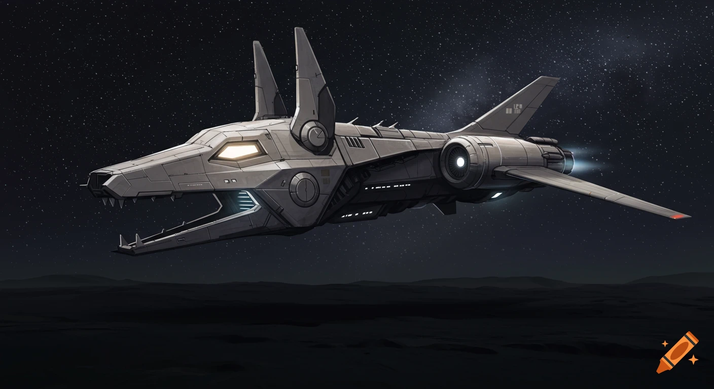 A sleek, gray futuristic spaceship with a jackal-shaped head and glowing eyes flies over a dark, barren planet surface, against a starry sky.