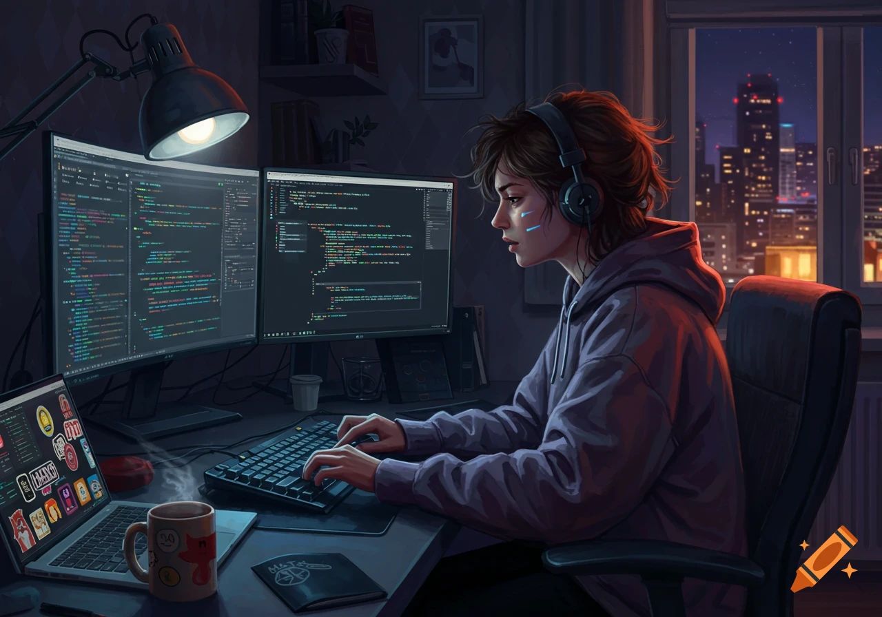 A young person with headphones codes on multiple monitors in a dark room at night, with a city view, digital art style.
