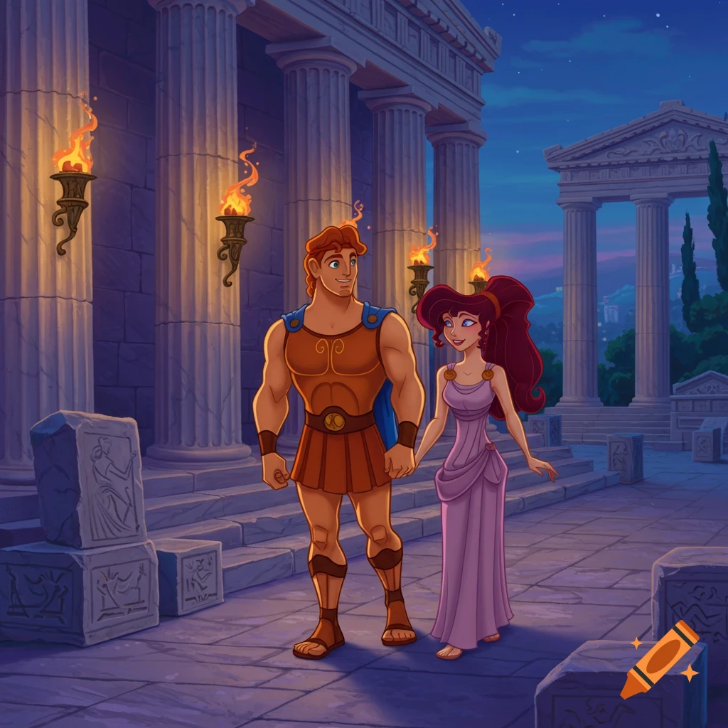 Hercules and Megara from Disney's Hercules walk hand-in-hand through an ancient Greek temple at dusk, torches lighting the columns.