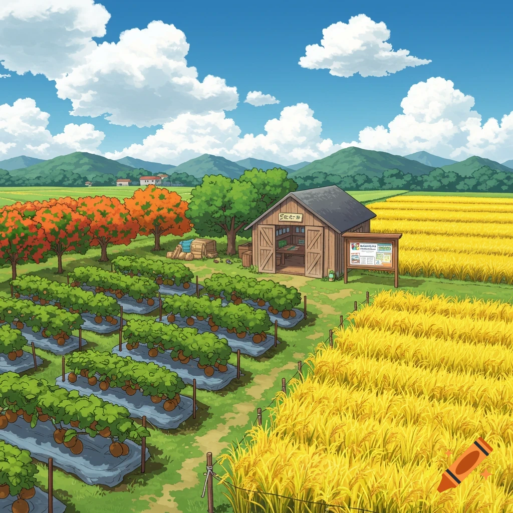 Anime-style farm scene with green crops, golden rice paddies, a wooden shed, orange trees, and mountains under a blue sky.