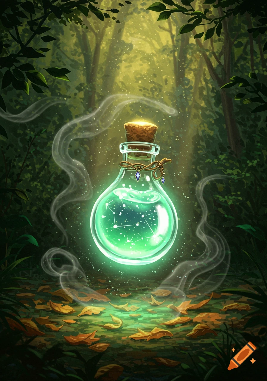A glowing green potion bottle with a cork stopper sits among fallen leaves in a magical forest, emanating sparkling mist. Fantasy illustration.