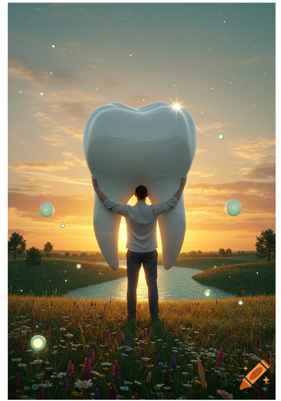 A man stands in a grassy field holding a giant white tooth against a sunset sky with a river and trees in the background.